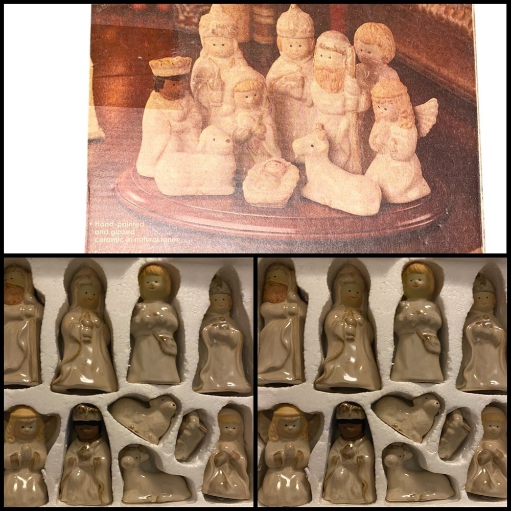 Potter’s Garden Ceramic Birth Of Christ Nativity 10 Pc Figurine Set Wooden Base
